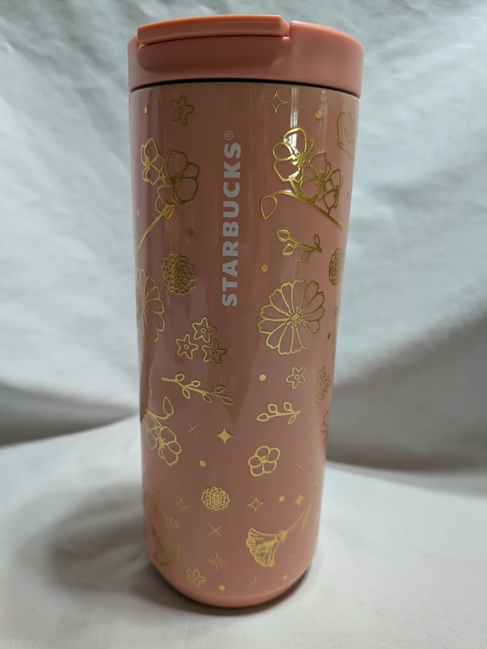 Starbucks 2020 Pink Stainless Steel Travel Tumbler – 12 oz – Gold Floral Design